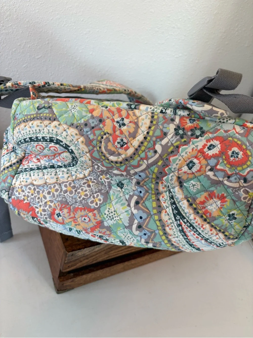 Vera Bradley Quilted Paisley Backpack in Gray with Coral & Aqua Accents